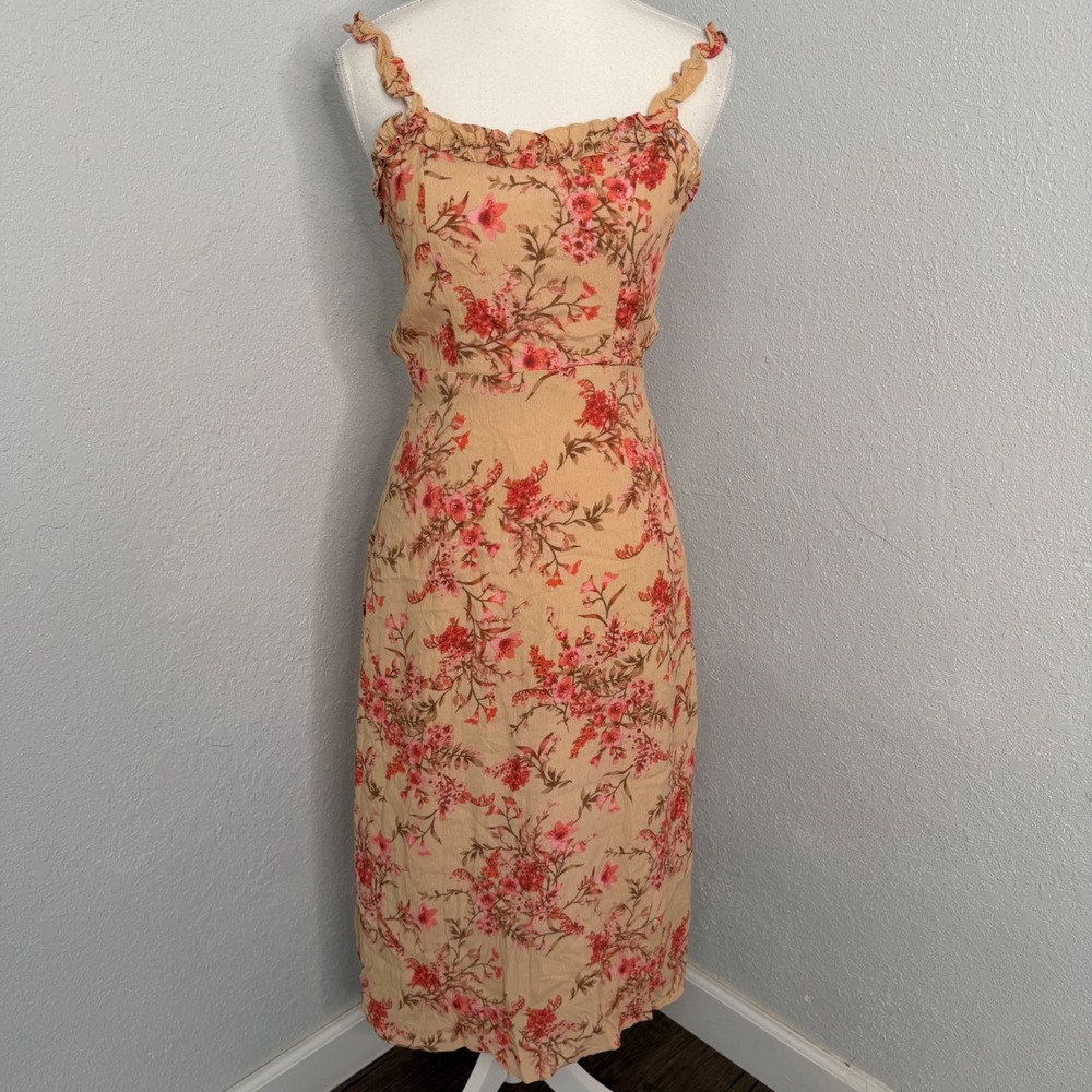 Lulus Tan Pink Floral Ruffle Midi Dress XS Rayon Sleevelessβ Square Neck Boho